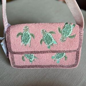Made in India pink beaded with green sea turtles shoulder bag purse viral NWT